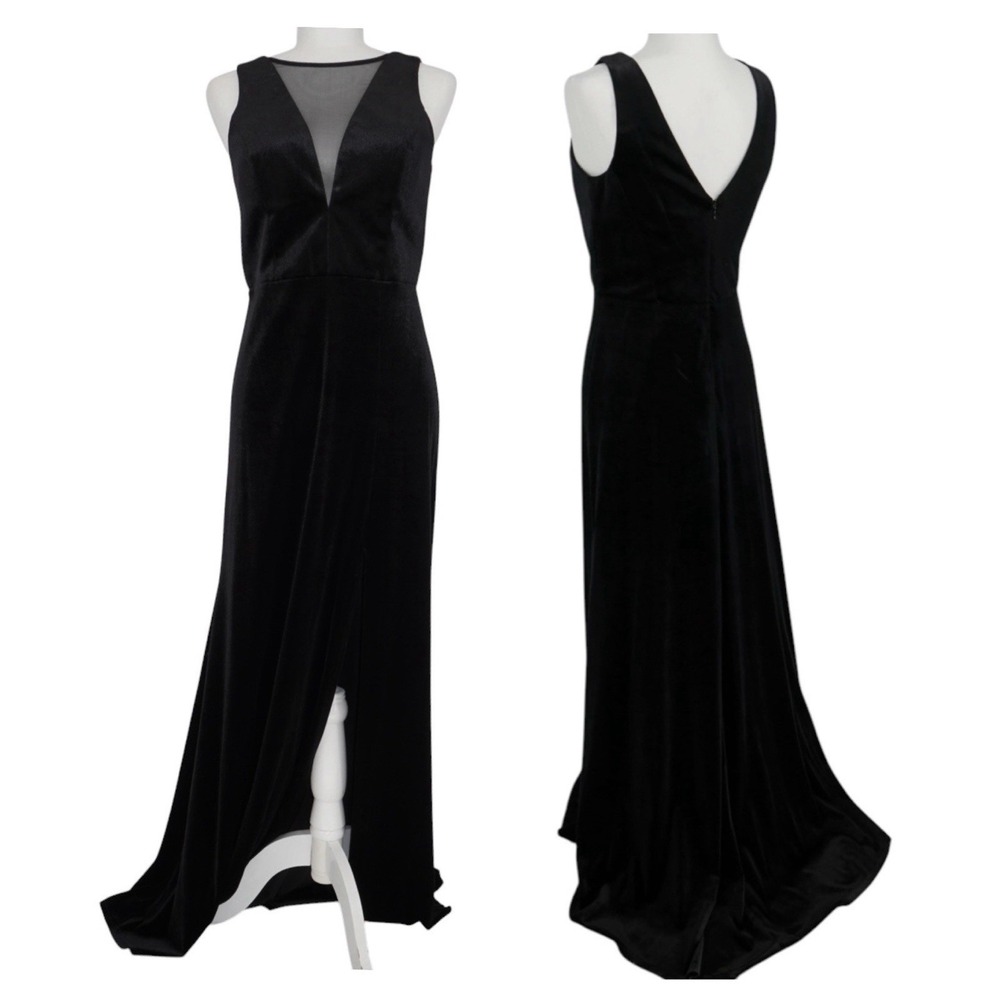 Vintage Night Way Black Velvet Maxi Dress Gown Size 6 Slit‎ Mesh V-Neck Y2K Goth